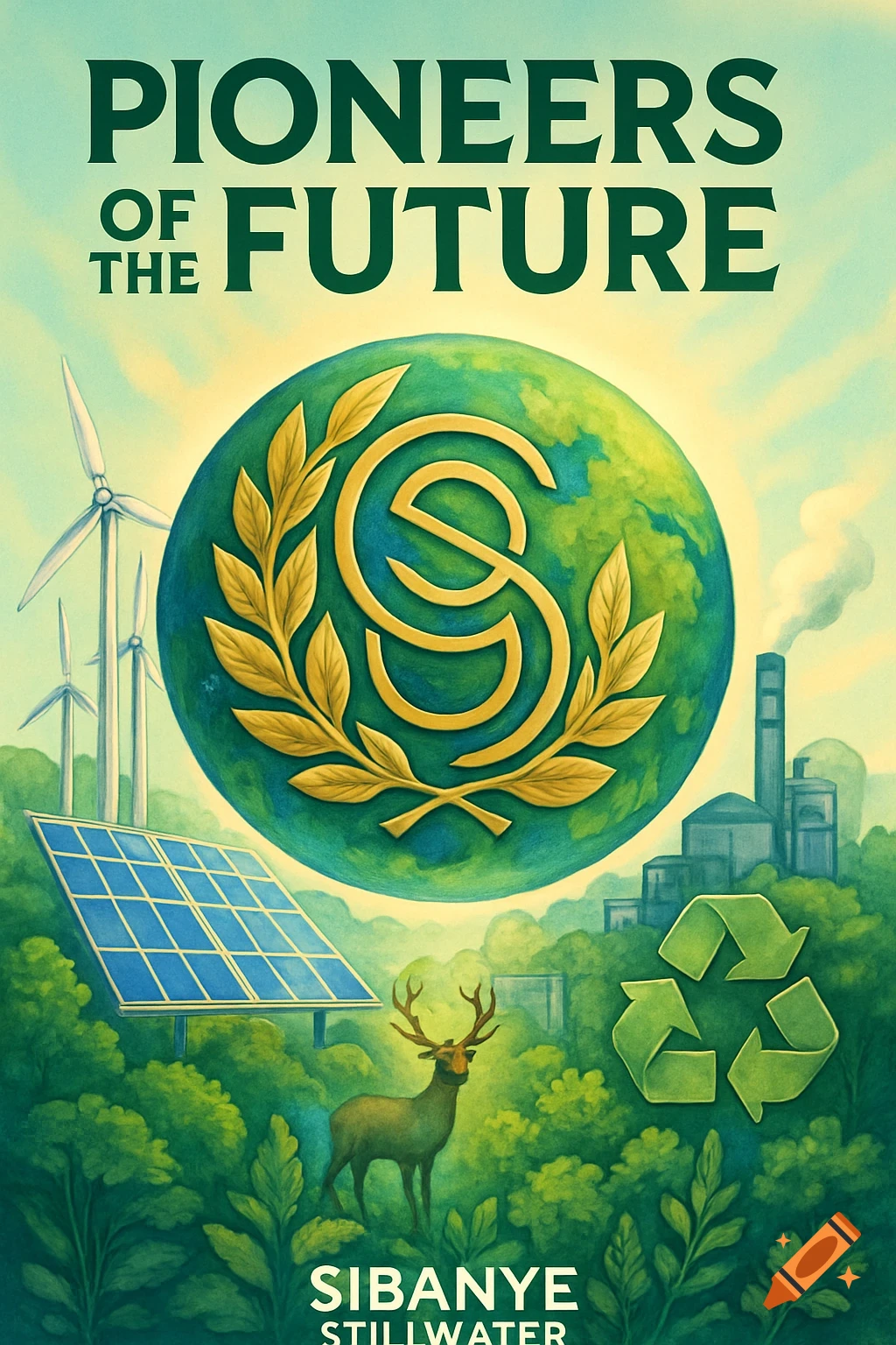 An illustration of a magazine cover with 'Pioneers of the Future' text, showing a globe, wind turbines, solar panels, an industrial plant, a deer, and a recycling symbol.