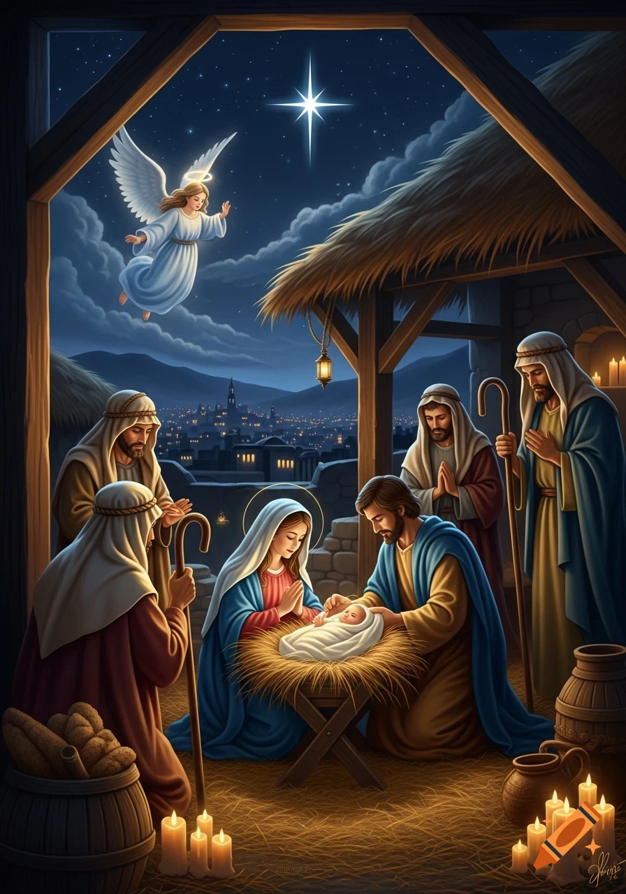 An illustrative nativity scene depicts Mary, Joseph, and shepherds adoring baby Jesus in a manger, beneath an angel and a bright star.