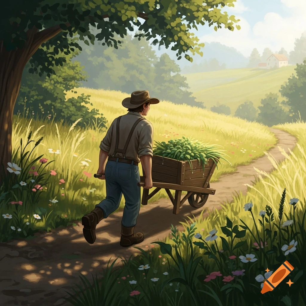 A person pushes a wheelbarrow with green plants along a winding dirt path through a sunny, grassy field with trees, in an illustrative style.