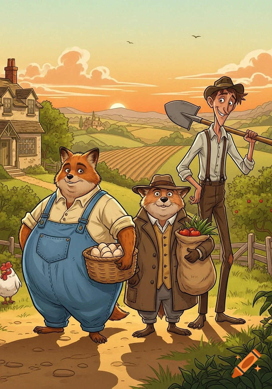 Two anthropomorphic fox farmers and a human farmer with a shovel stand on a farm at sunset in a whimsical storybook style.