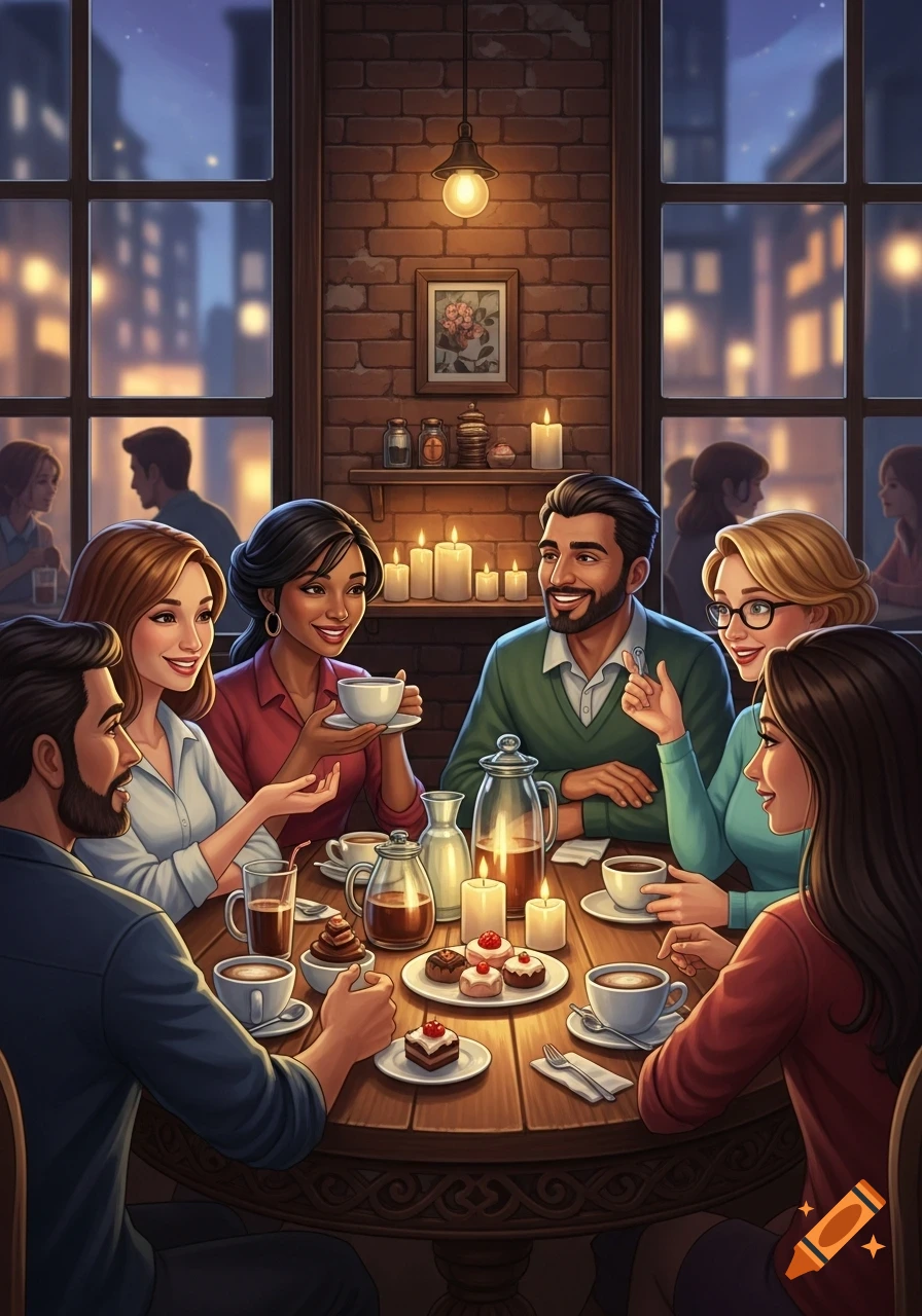 An illustration of six diverse friends enjoying coffee and pastries at a cozy candlelit cafe table at night, with city lights outside.