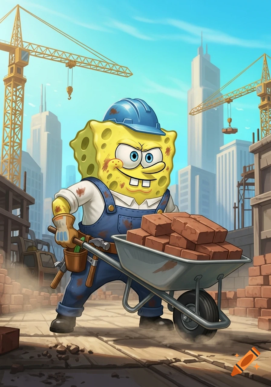 Spongebob Squarepants in blue overalls and a hard hat, pushing a wheelbarrow full of bricks at a construction site.