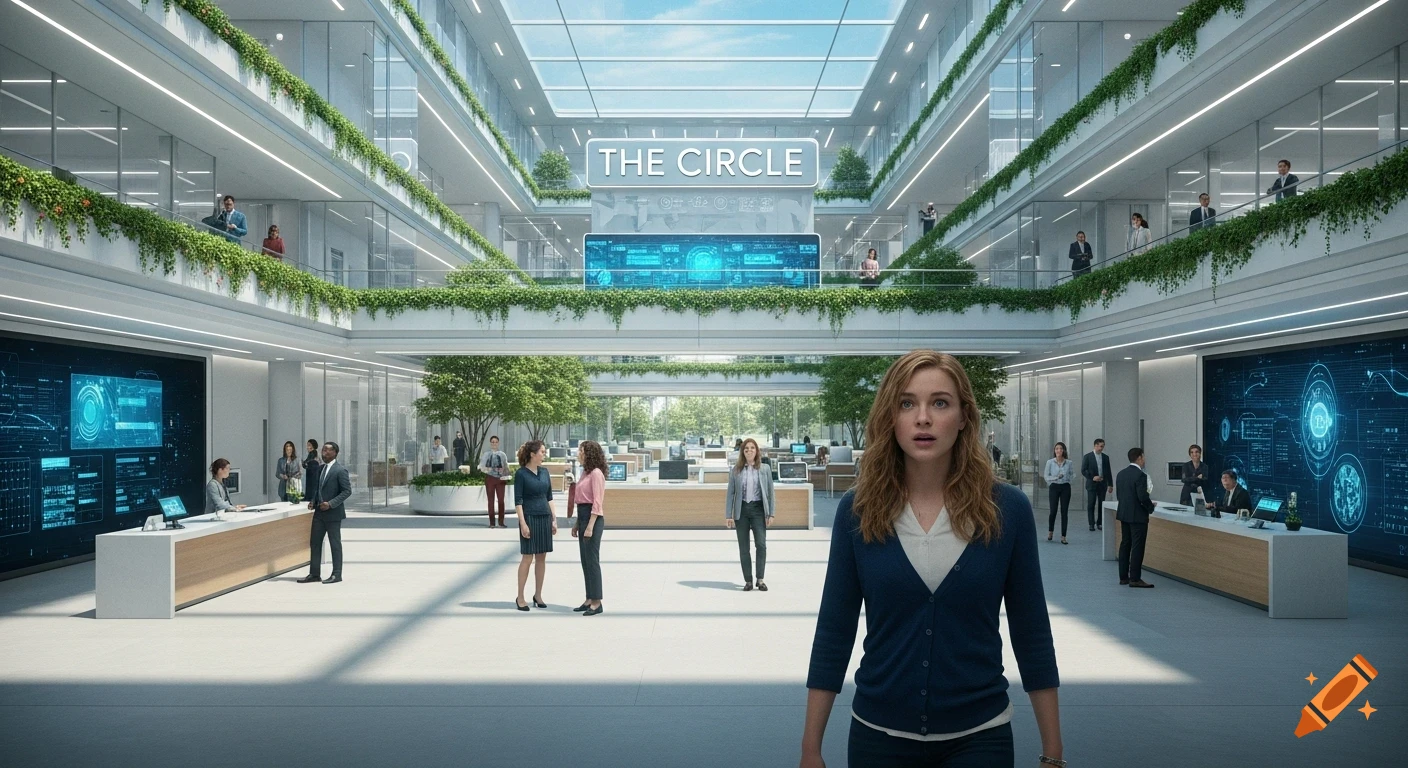 A young woman with a surprised expression stands in a vast, modern corporate campus with the sign 'THE CIRCLE' overhead.