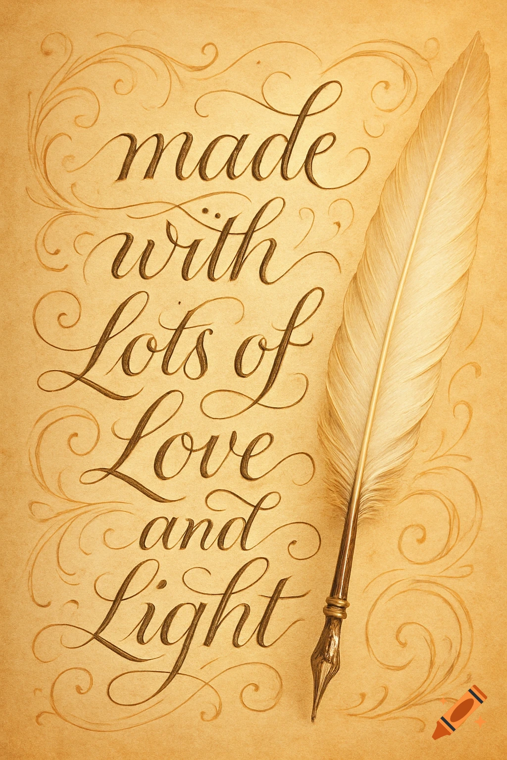 Elegant calligraphy on aged paper reads 'made with Lots of Love and Light,' accompanied by a detailed quill pen.
