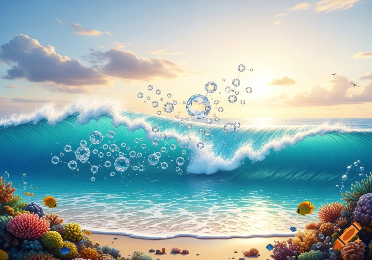 A vibrant photorealistic ocean wave breaking on a tropical beach with colorful coral, fish, and abstract crystalline bubbles at sunrise.