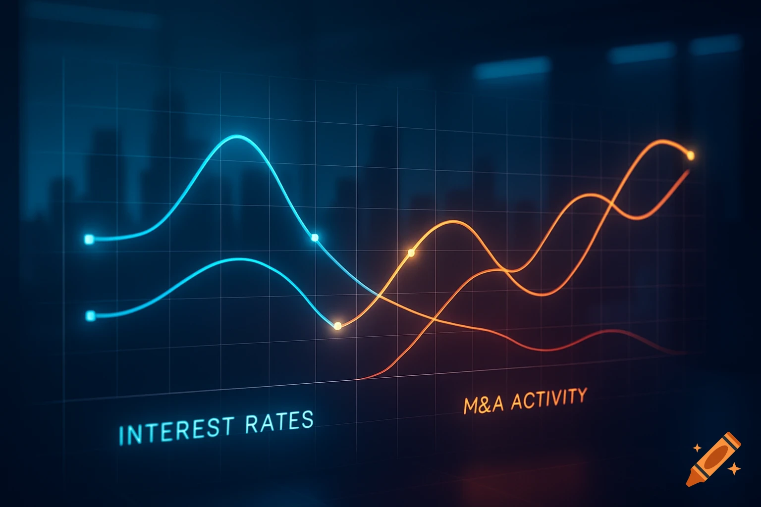 Glowing blue and orange line graph on a dark grid, displaying 'Interest Rates' and 'M&A Activity'.