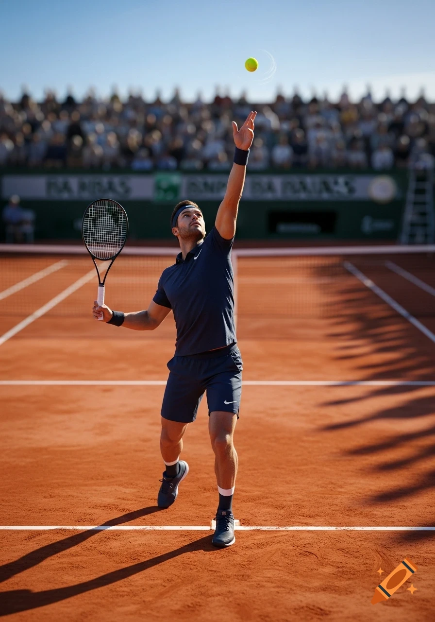 A male tennis player in a blue uniform prepares to serve a tennis ball on a clay court with a crowd in the background.