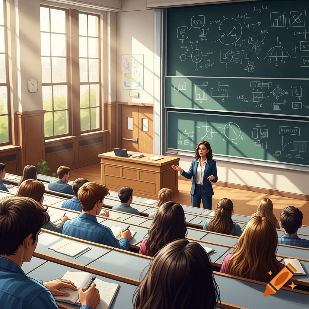 A female teacher lectures students in a sunlit university classroom with a large blackboard filled with diagrams.