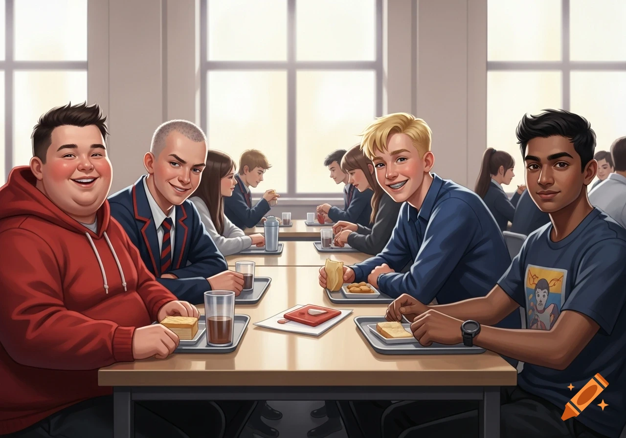 Illustrative depiction of diverse high school students eating lunch at a long table in a bright cafeteria.