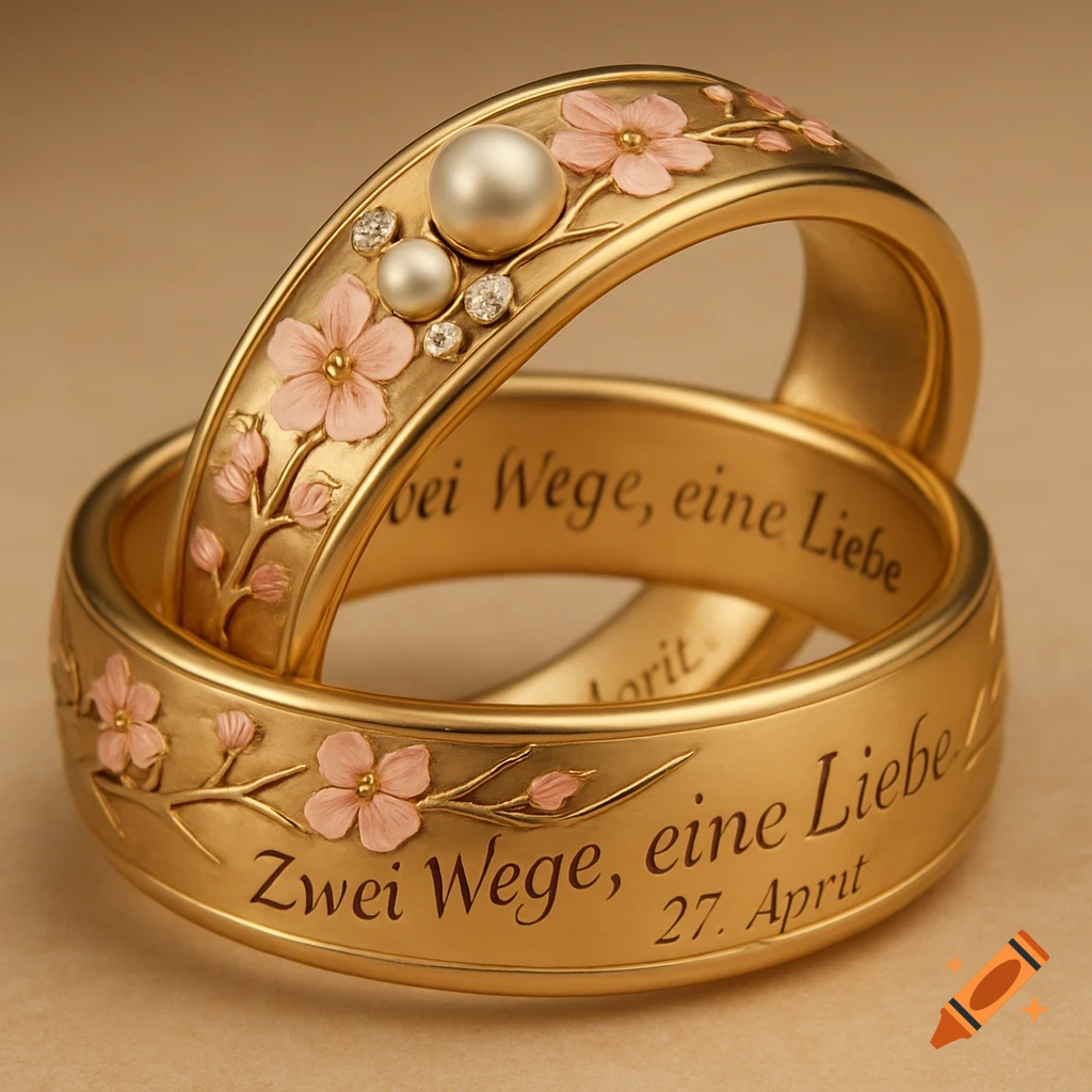 Two golden wedding rings adorned with pink cherry blossoms, pearls, and diamonds, resting against each other on a soft brown background.