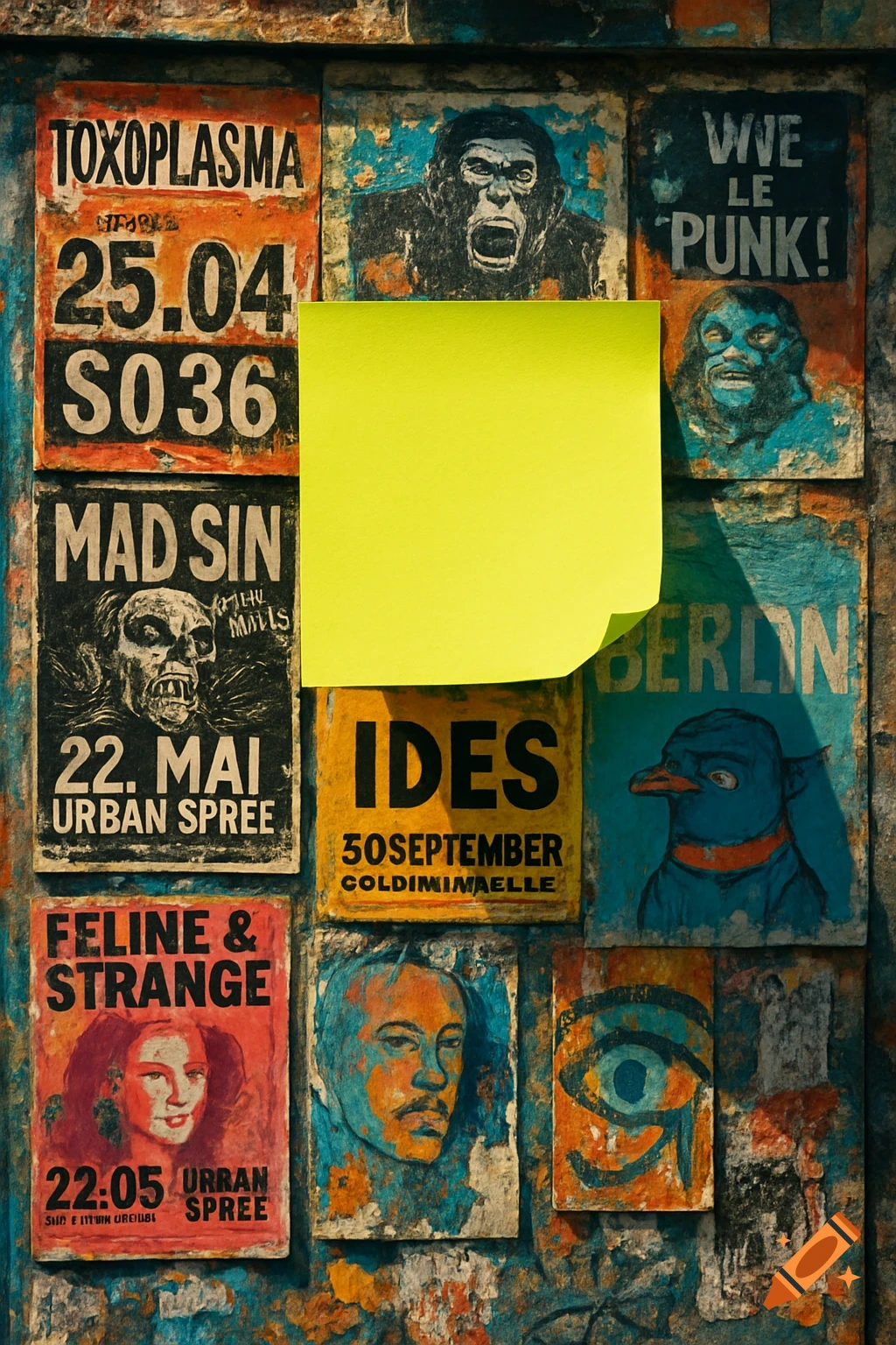 A grungy urban wall covered in distressed, overlapping street art posters, with a bright yellow sticky note prominent in the center.