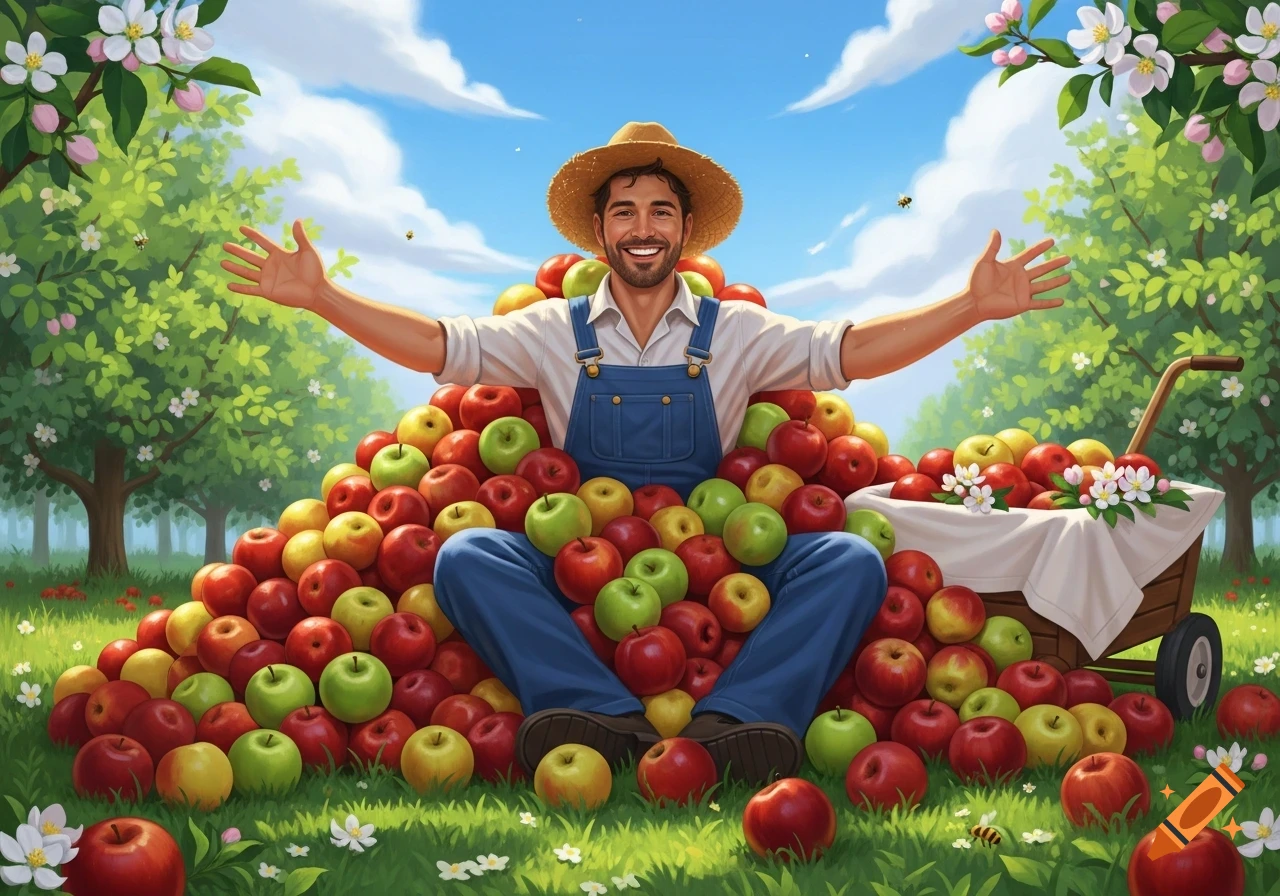 A smiling man in a straw hat and overalls sits happily in a huge pile of red and green apples in a sunny orchard.