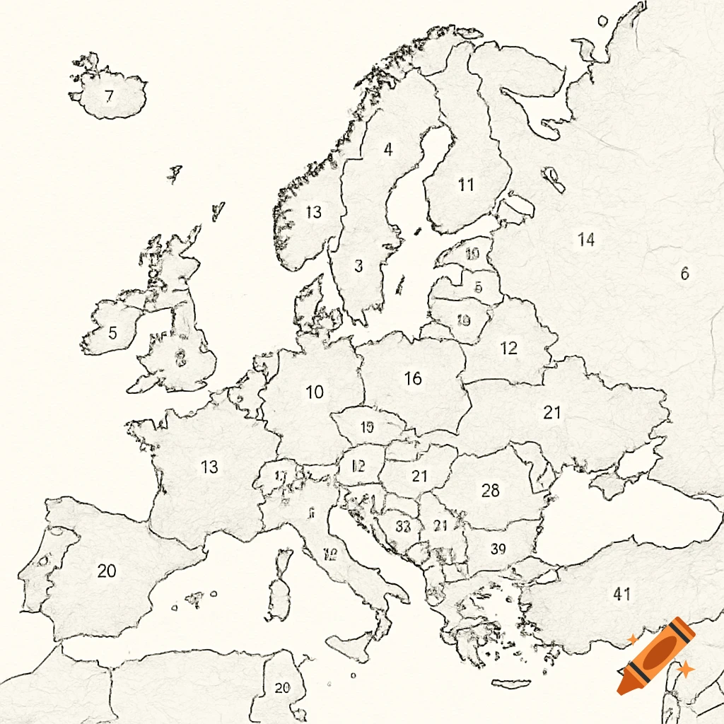 A sketch-style map of Europe with numbers assigned to various countries for identification, on a textured off-white background.