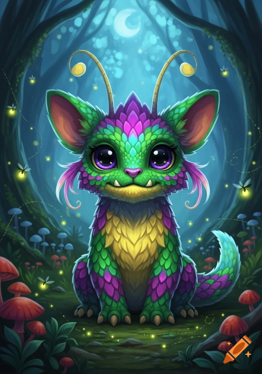 A cute, colorful green and purple monster with large eyes and antennae sits in a glowing magical forest with mushrooms and fireflies, digital art.