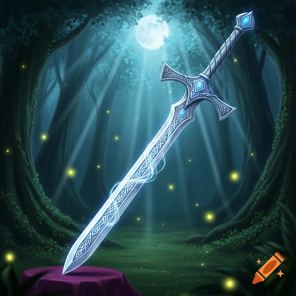 An elegant, glowing, ornate fantasy sword stands upright on a purple pedestal in a mystical, moonlit forest with fireflies.