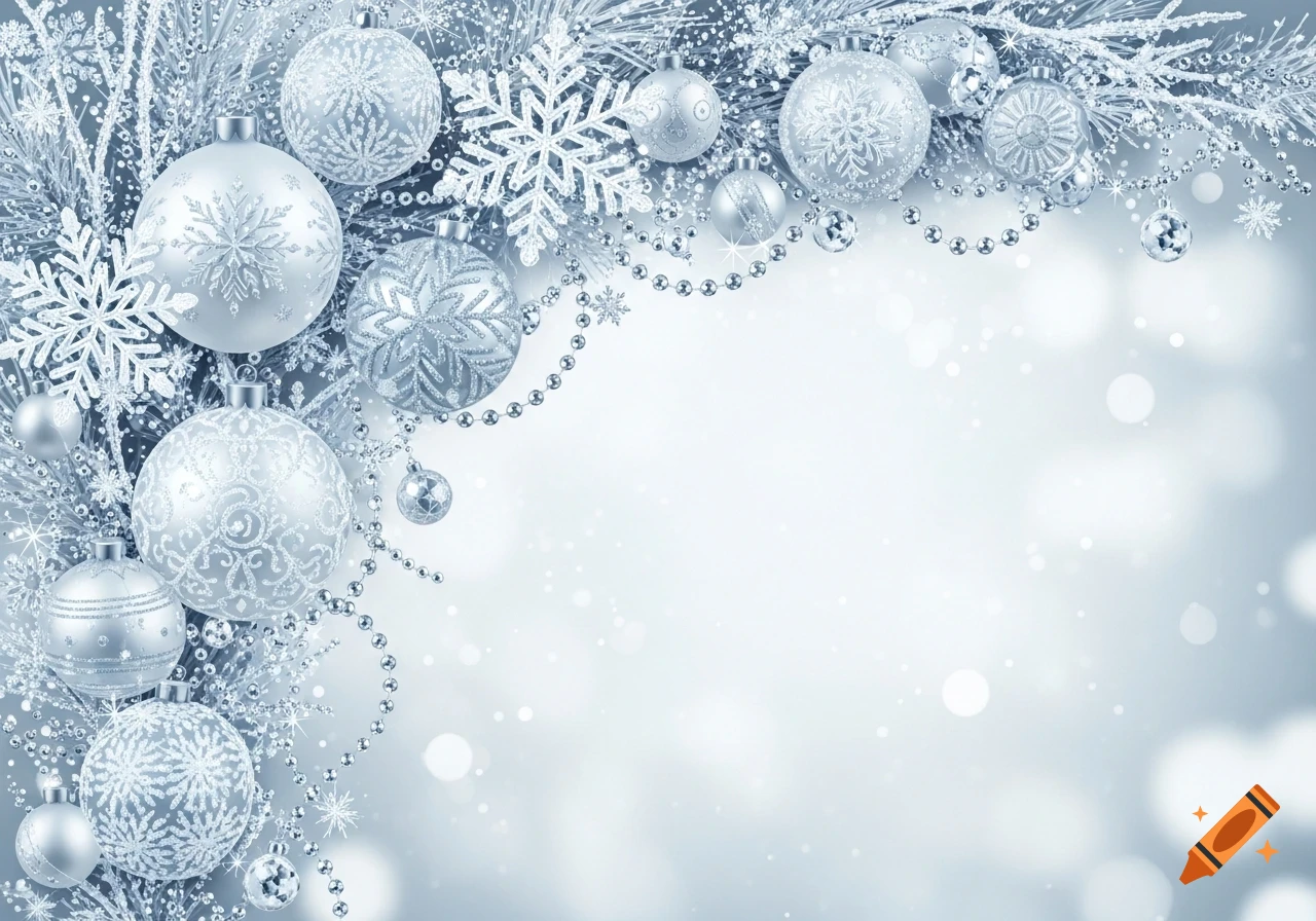 A corner border of white and silver Christmas ornaments, snowflakes, and beads against a shimmering bokeh background.