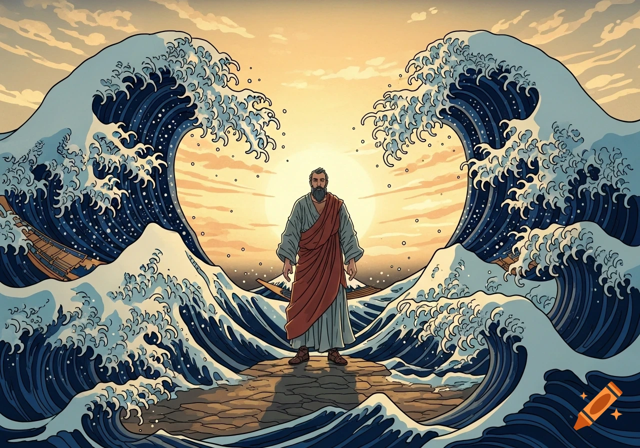 A bearded man in robes stands on dry ground with giant waves parting on either side, in a Japanese ukiyo-e art style.