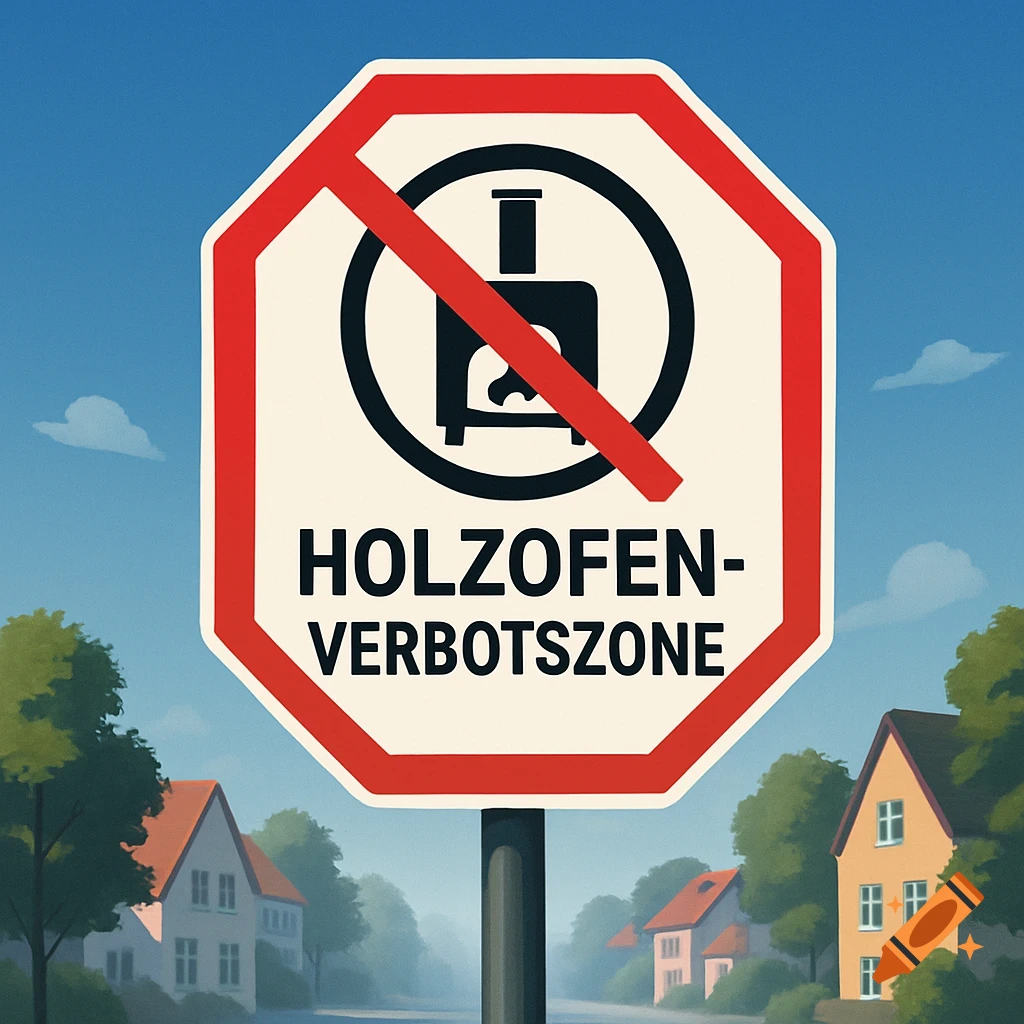 An octagonal red and white prohibition sign with a black wood-fired oven symbol crossed out, displaying the German text "HOLZOFEN-VERBOTSZONE" against a backdrop of houses and a blue sky.