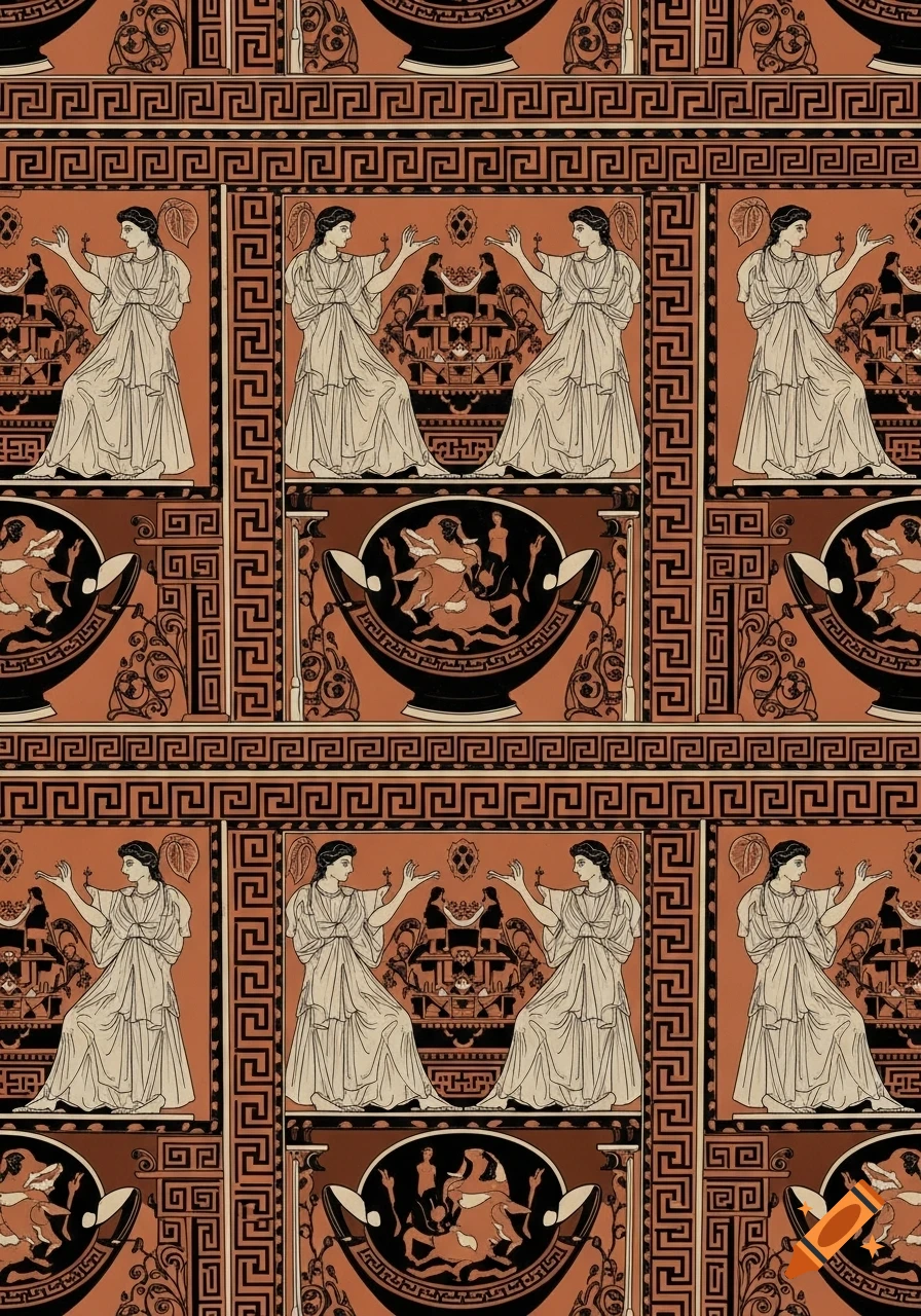 Repeating terracotta and black Greek pottery pattern with draped figures and mythological creatures in framed panels and geometric borders.