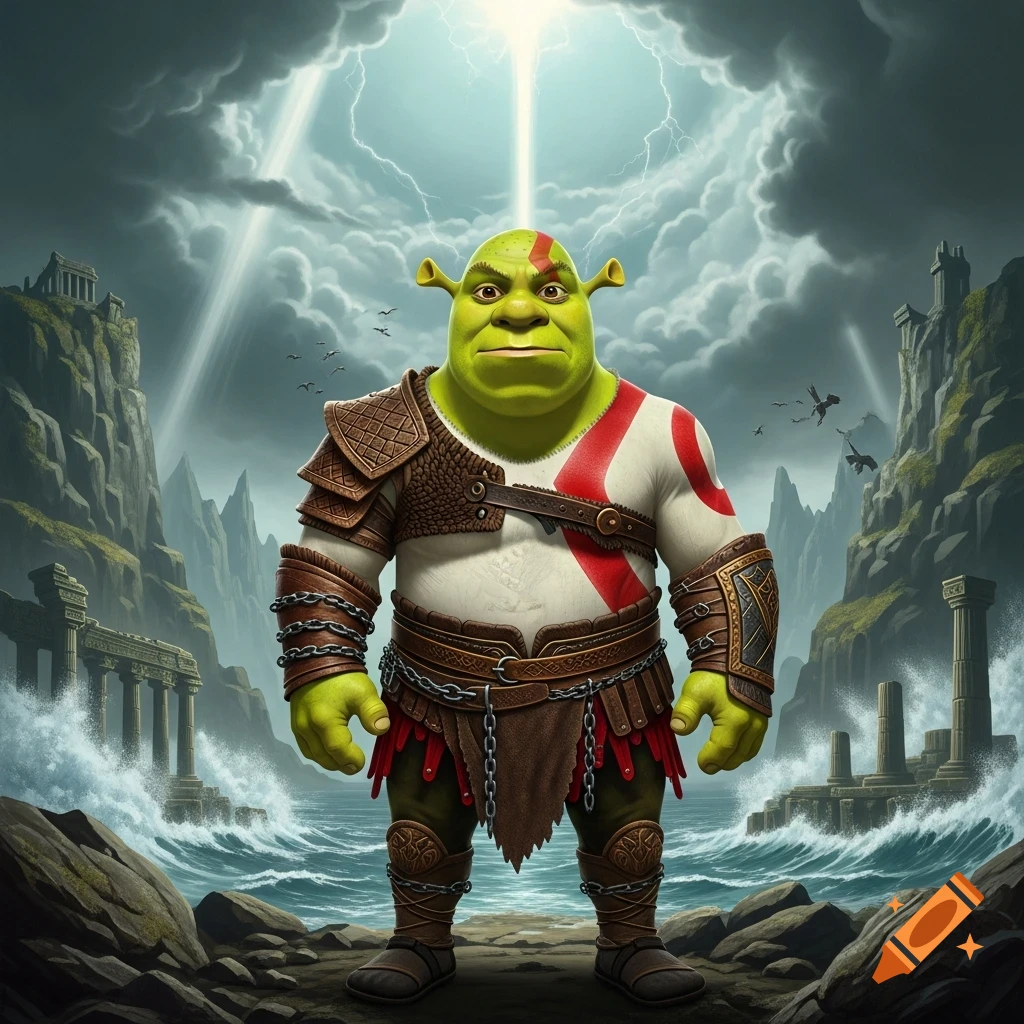 Shrek as Kratos from God of War stands on a stormy, rocky coastline with ancient ruins and lightning.
