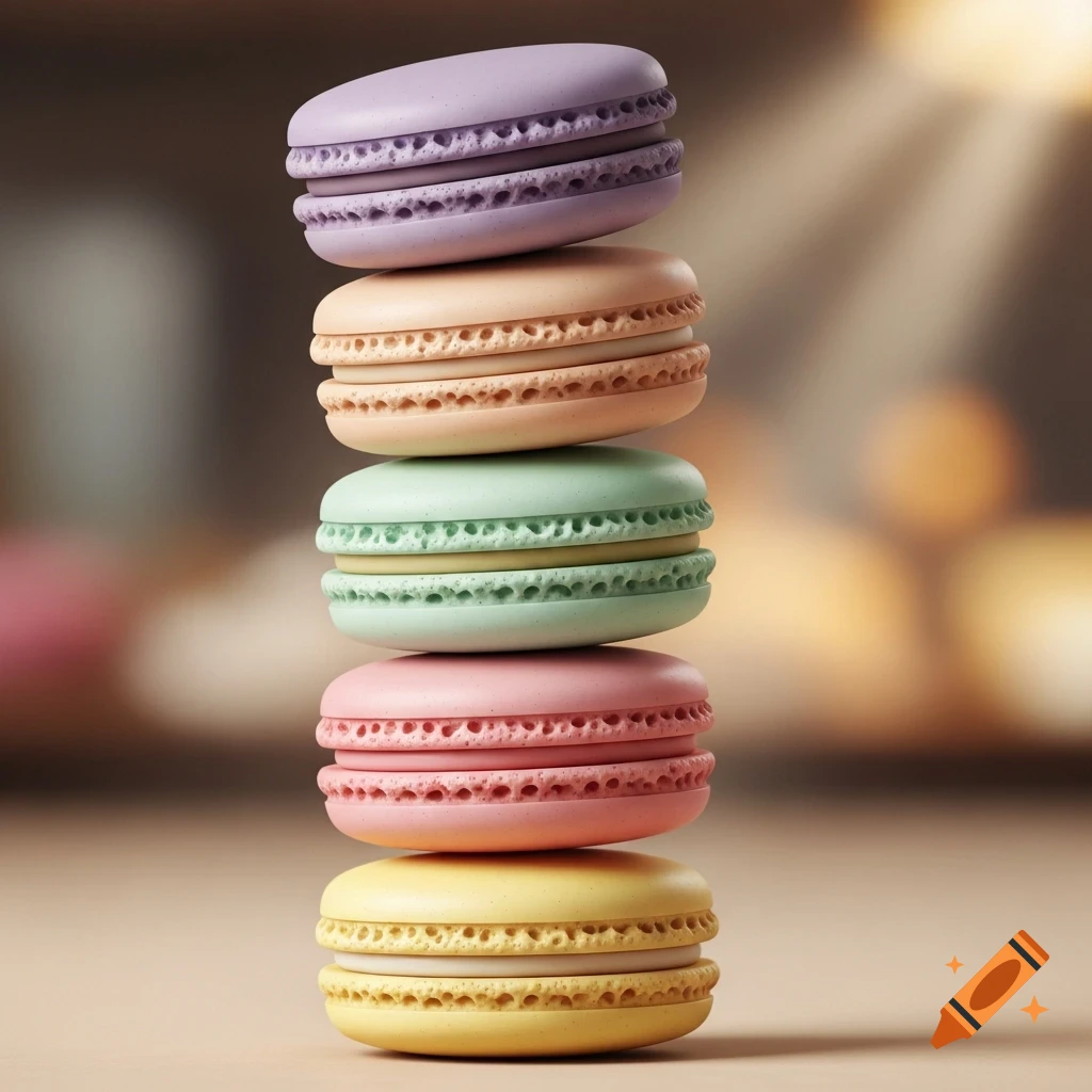 A stack of five pastel-colored macarons, including purple, peach, mint green, pink, and yellow, against a soft, blurred background.