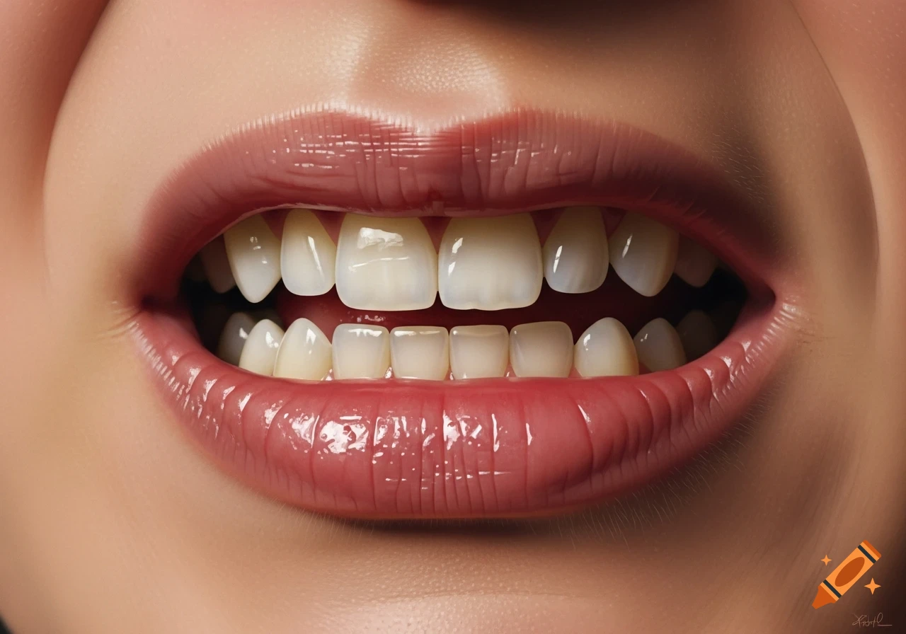 Close-up of a realistic mouth with glossy, plump lips slightly parted, revealing white teeth.