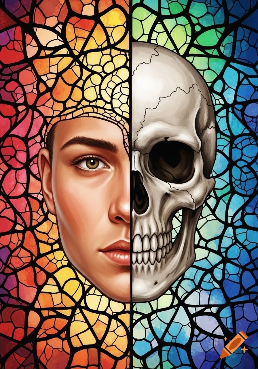 A stylized illustration of a face split vertically, half human and half skull, against a vibrant stained-glass patterned background.