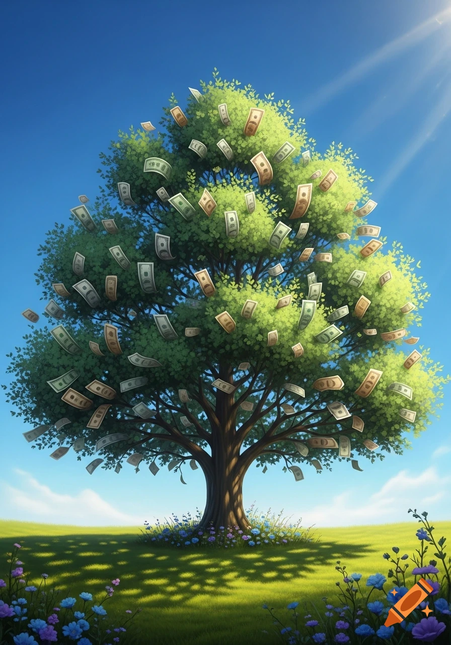 A vibrant green money tree with banknotes as leaves stands in a sunny field with a clear blue sky and wildflowers, in a stylized illustration.
