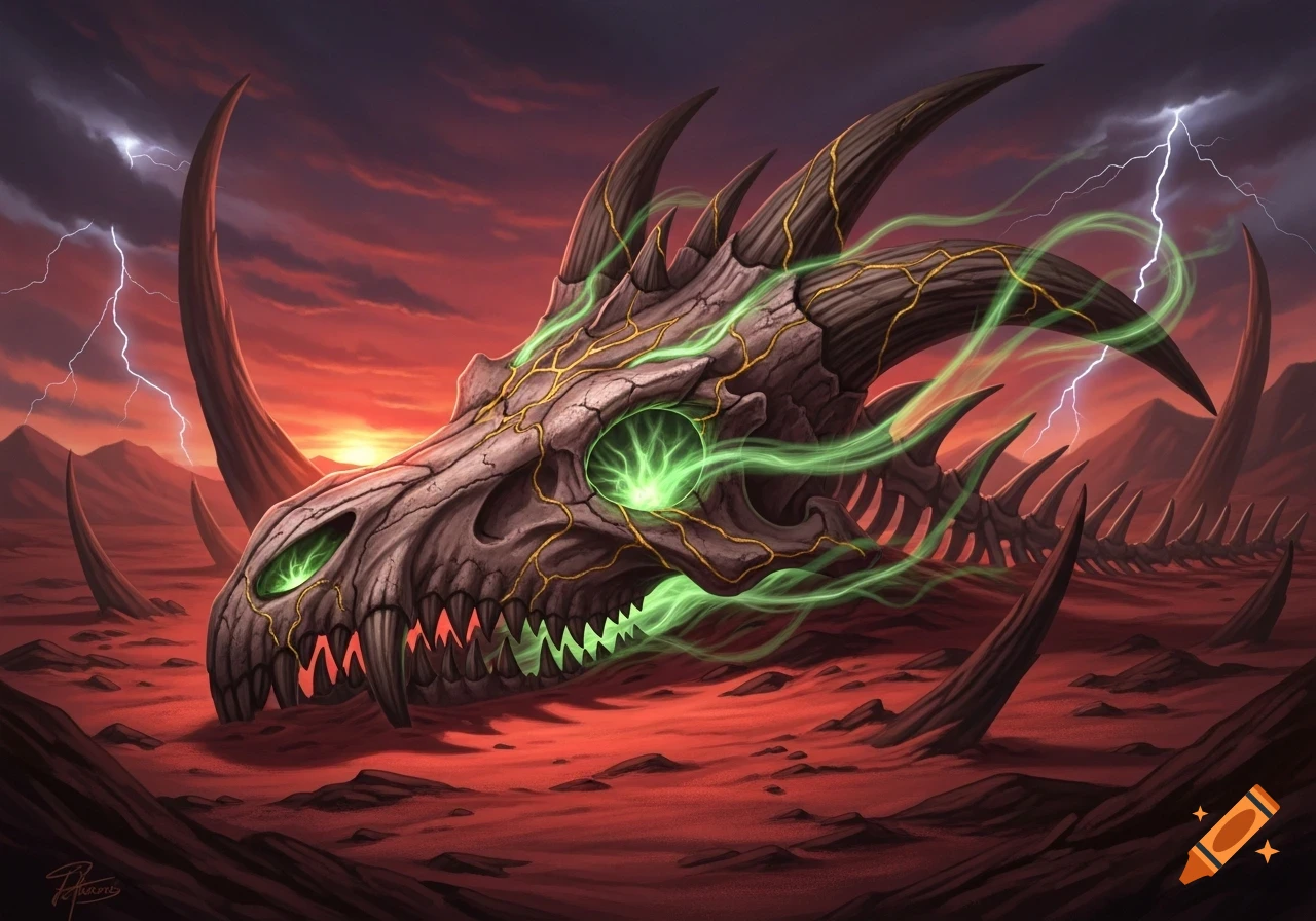 A menacing bone dragon skull with glowing green eyes and mouth, set in a desolate red landscape under a stormy sky with lightning.