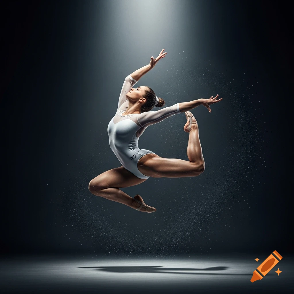Female gymnast in a white leotard mid-leap, dramatically lit against a dark background with dust particles, showcasing power and grace.