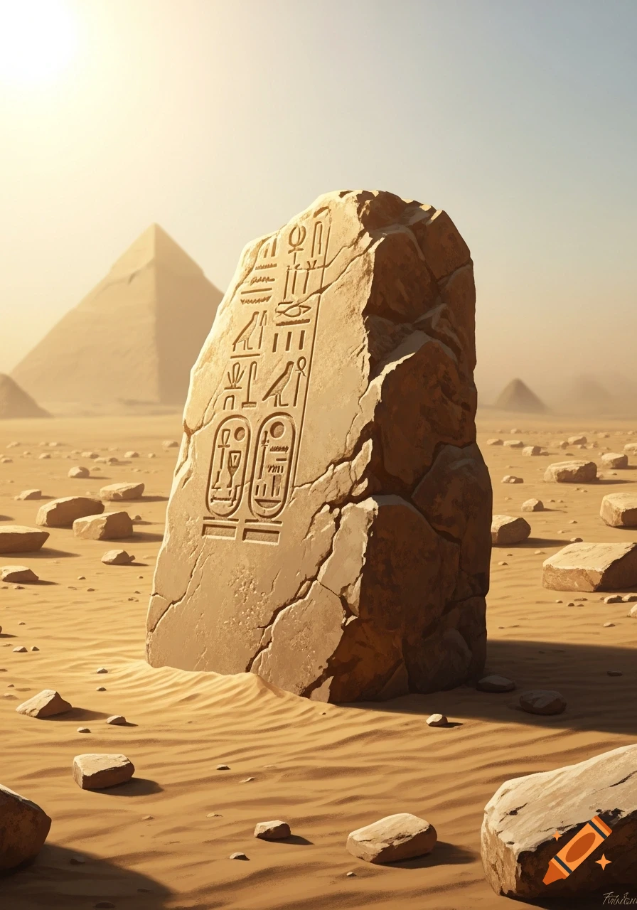 A weathered stone monument with hieroglyphs stands in a sunlit desert, with distant pyramids under a clear sky.