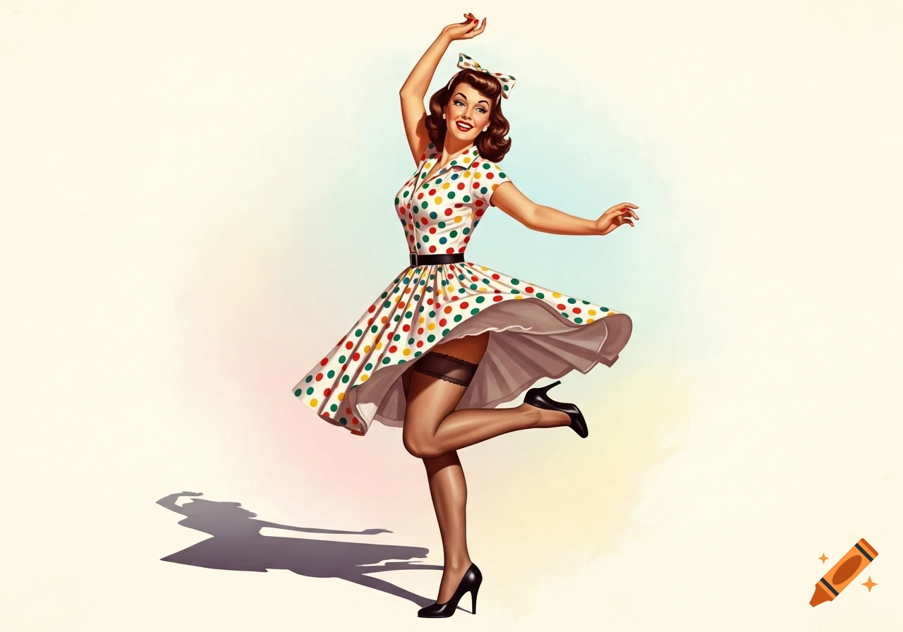 A playful 1950s pin-up woman in a colorful polka dot swing dress and stockings, dancing with one leg up in a retro illustration style.