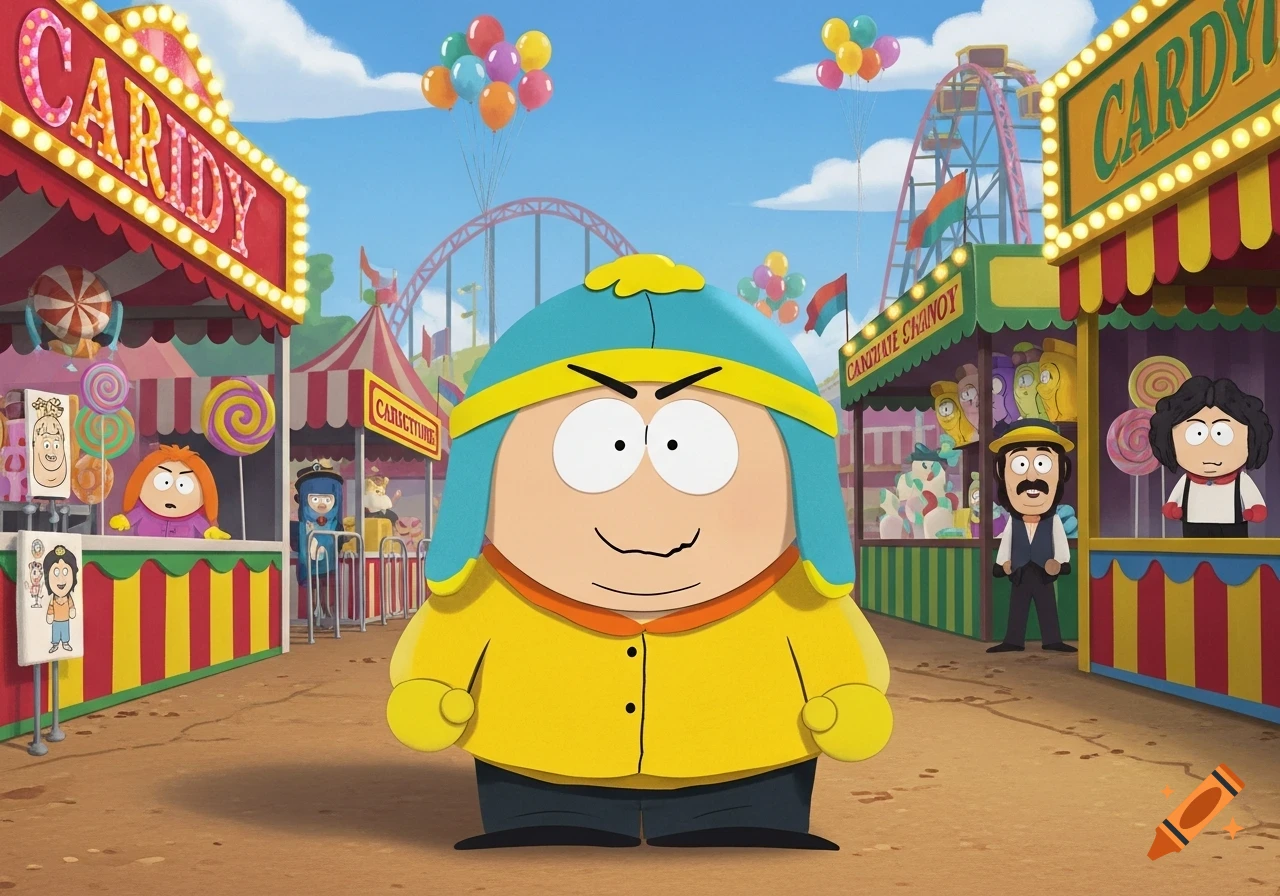 Eric Cartman stands at a colorful carnival with stalls and a roller coaster in the background.