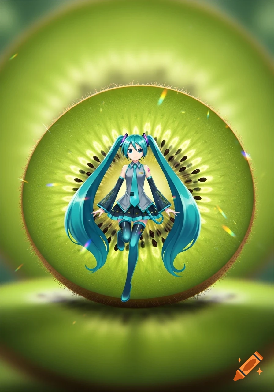 Hatsune Miku, an anime character with long turquoise pigtails, stands in front of a vibrant green cross-section of a kiwi fruit.