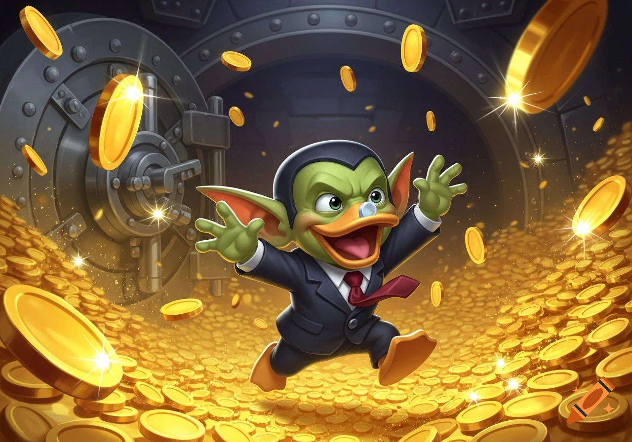 A cartoonish green goblin-like character with a duck bill in a suit joyfully runs through a pile of golden coins inside a vault.
