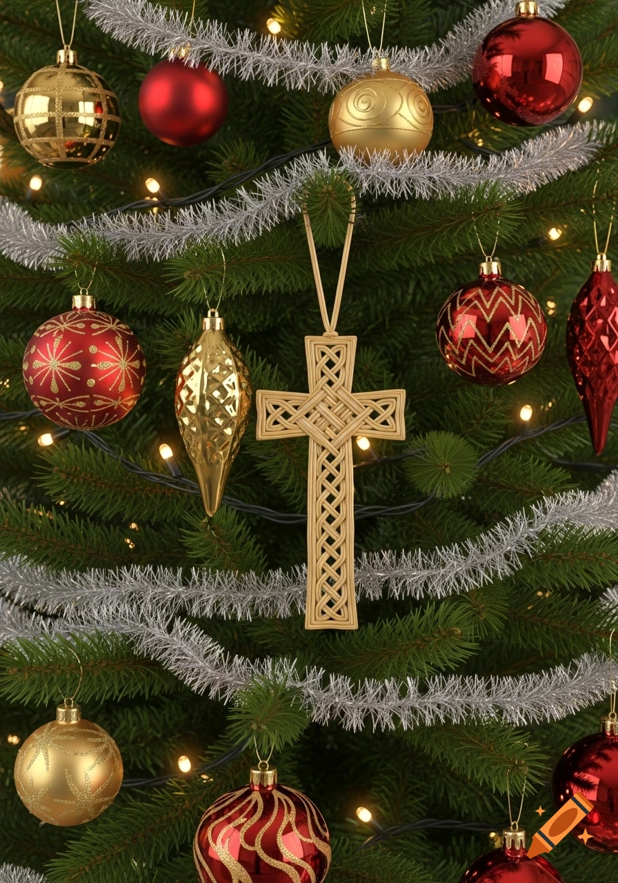 Close-up of a festive Christmas tree decorated with red and gold baubles, silver tinsel, glowing lights, and a woven Brigid's cross.