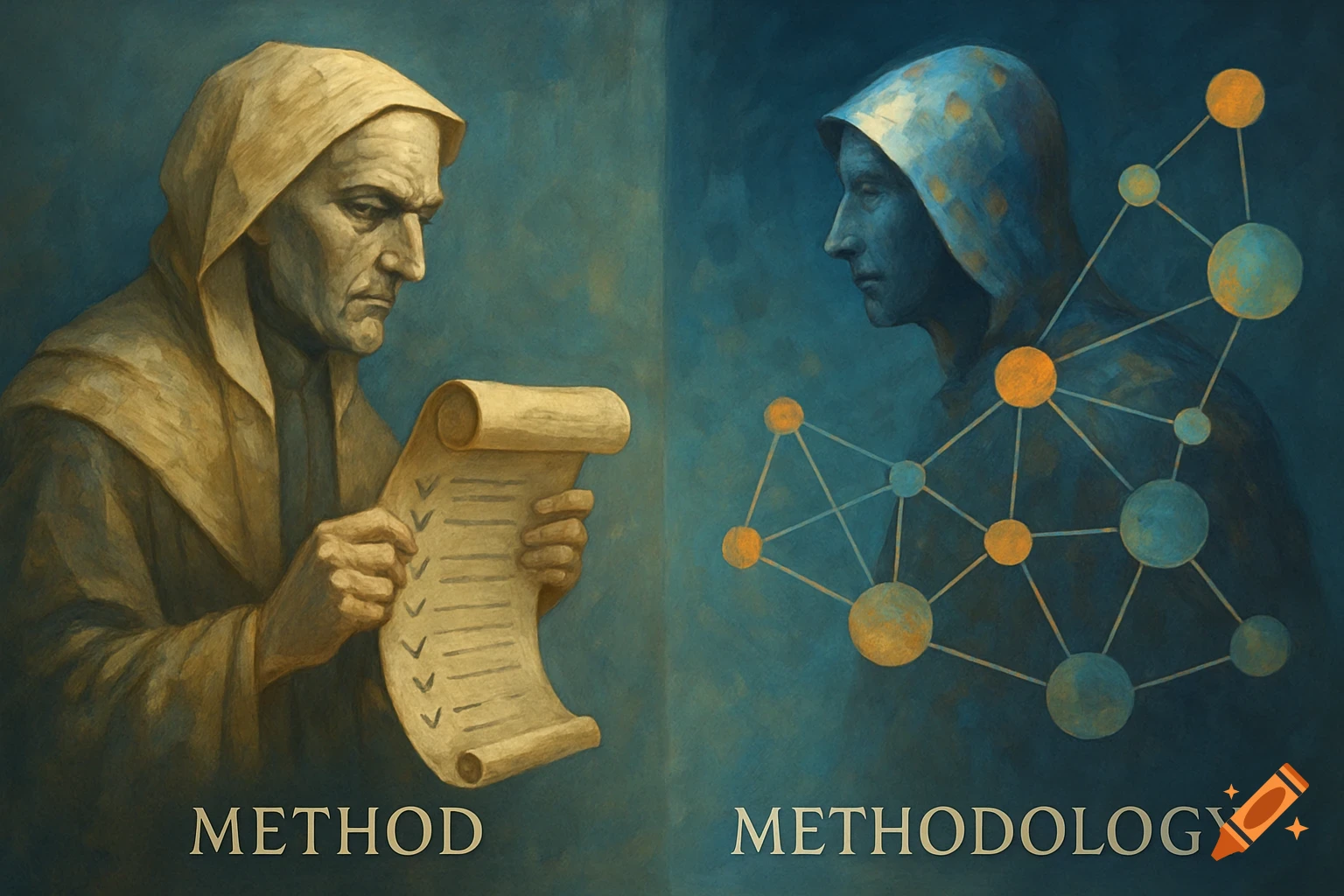 Two hooded figures in a painterly style. One examines a scroll labeled 'METHOD' with checkmarks. The other, labeled 'METHODOLOGY,' is overlaid with connected nodes.
