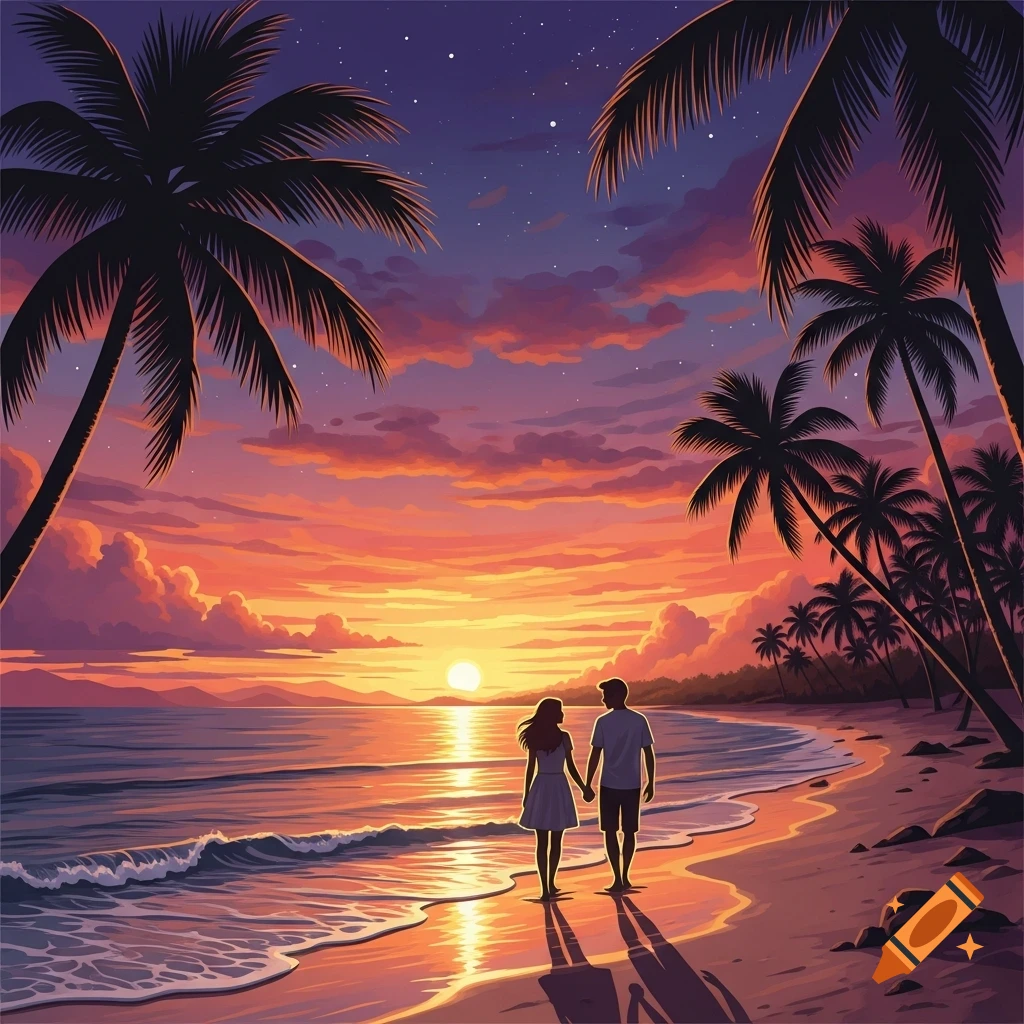 A stylized illustration of a couple walking hand-in-hand on a tropical beach with palm trees at a vibrant sunset.