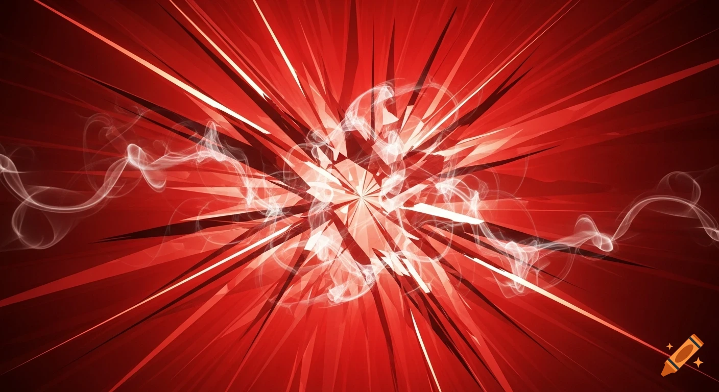 Vibrant red abstract background with white geometric shards and smoke wisps radiating from the center, creating a dynamic effect.