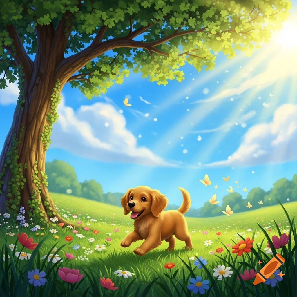 A happy golden retriever puppy runs through a vibrant field of wildflowers under a sunny blue sky with a large tree, in a cheerful illustration.