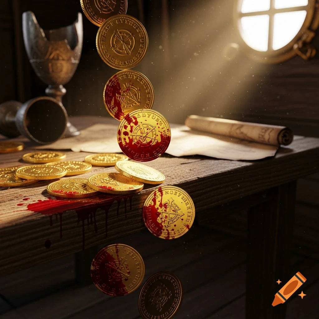 Bloodstained gold doubloons fall onto a wooden table in a dimly lit pirate ship cabin, alongside a scroll and goblets.
