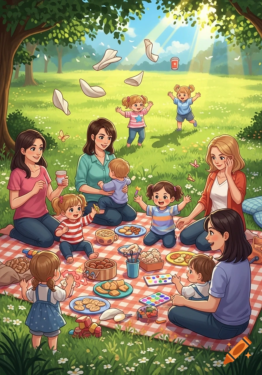 Cartoon illustration of mothers and toddlers enjoying a chaotic picnic on a red checkered blanket in a sunny park with items flying.