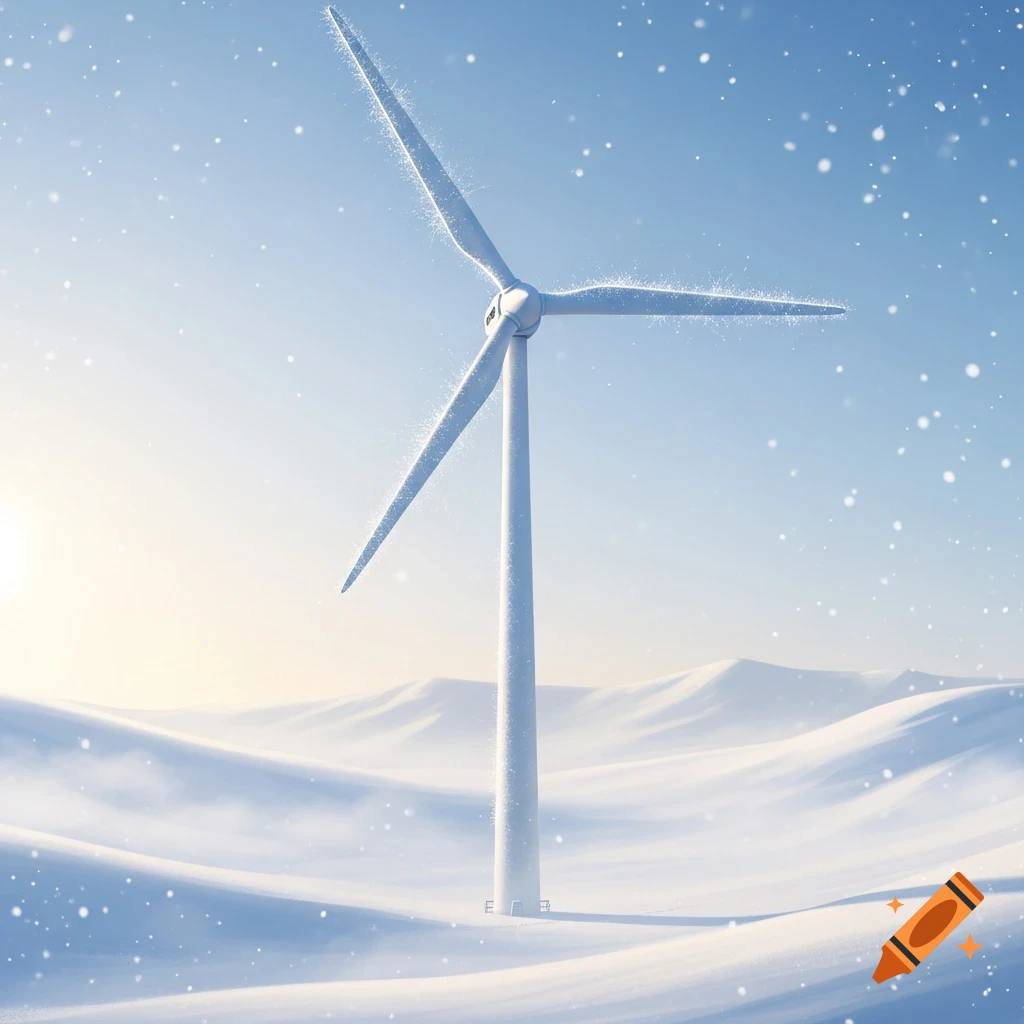 A white wind turbine stands in a snow-covered landscape with soft hills and falling snowflakes under a bright blue sky.