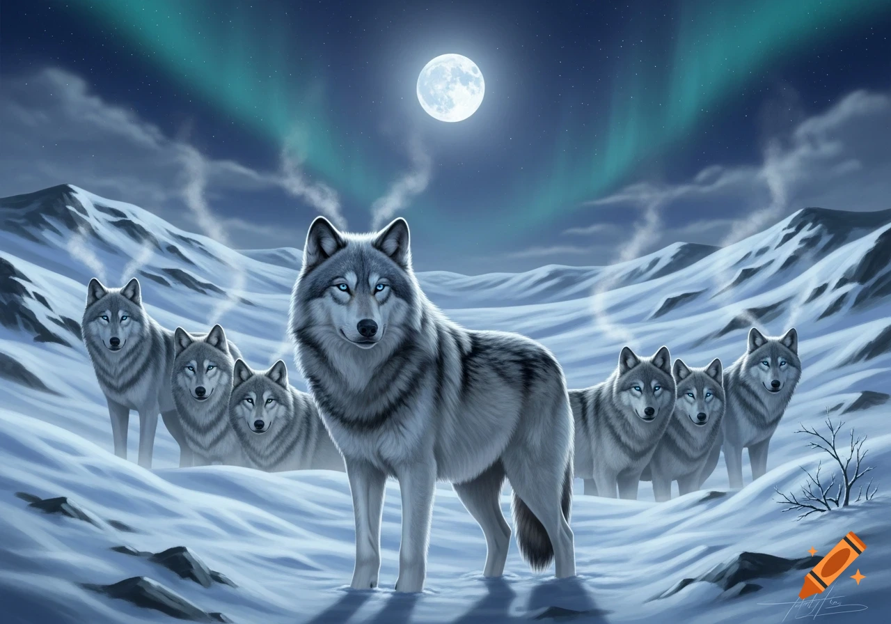 An epic pack of grey wolves with glowing blue eyes stand in a snowy mountain landscape under a full moon and aurora borealis. Digital painting style.
