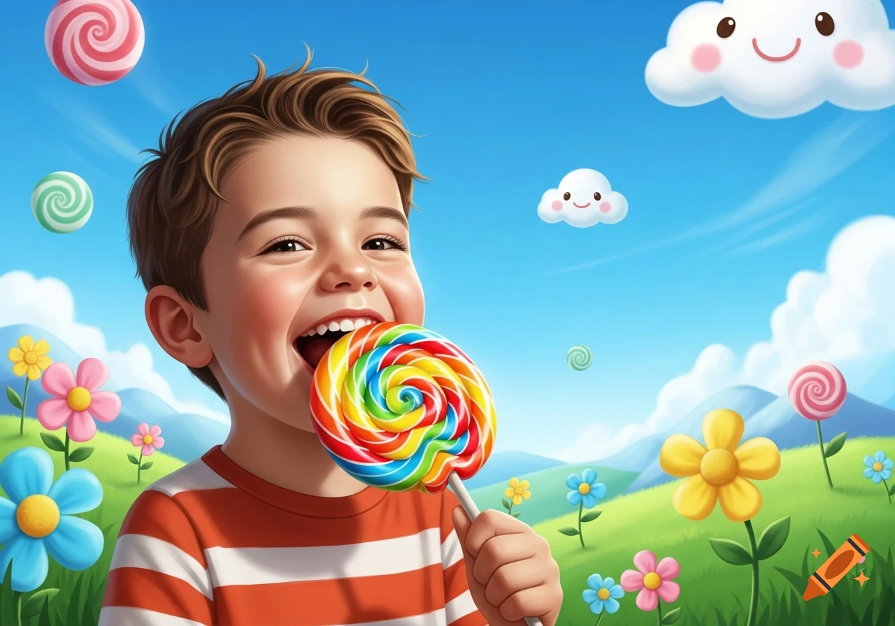 A happy child eating a colorful swirl lollipop in a cartoon landscape with flowers and smiling clouds.