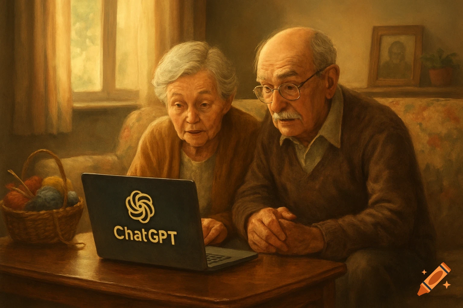 Elderly couple, a grandma and grandpa, look confusedly at a laptop displaying the ChatGPT logo in a warm, painterly living room scene.