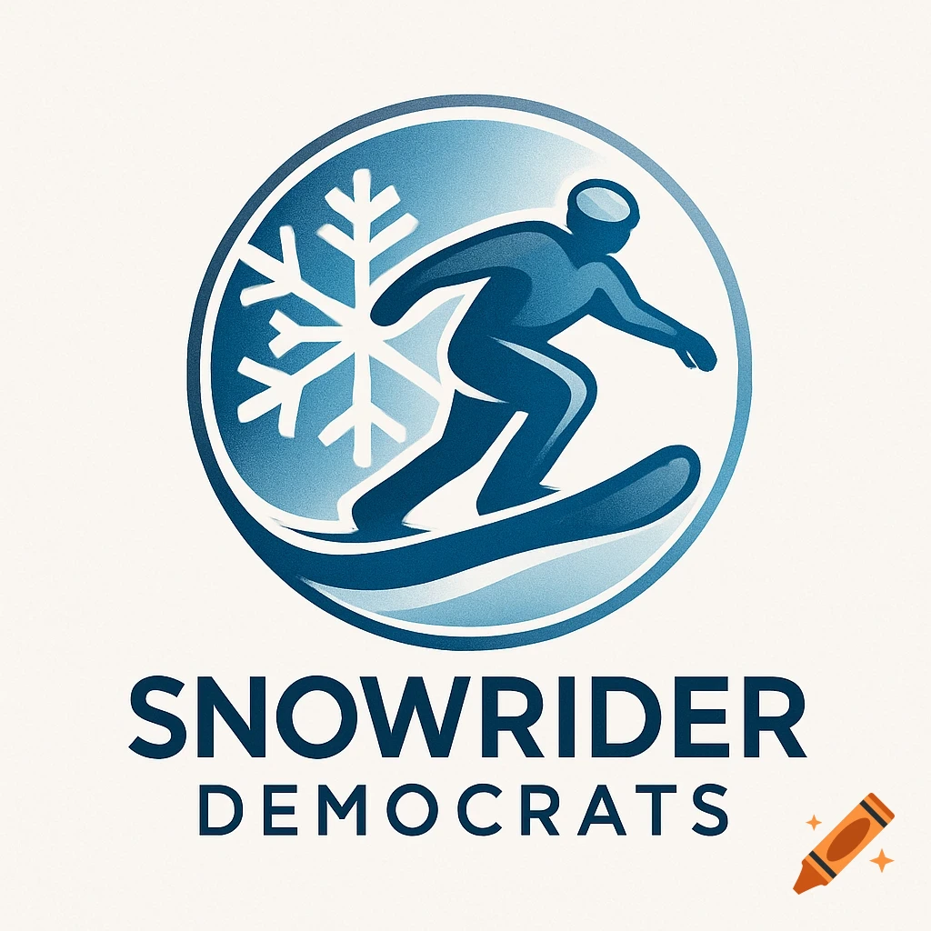 A blue and white logo for "Snowrider Democrats" featuring a snowboarder and snowflake within a circular design.
