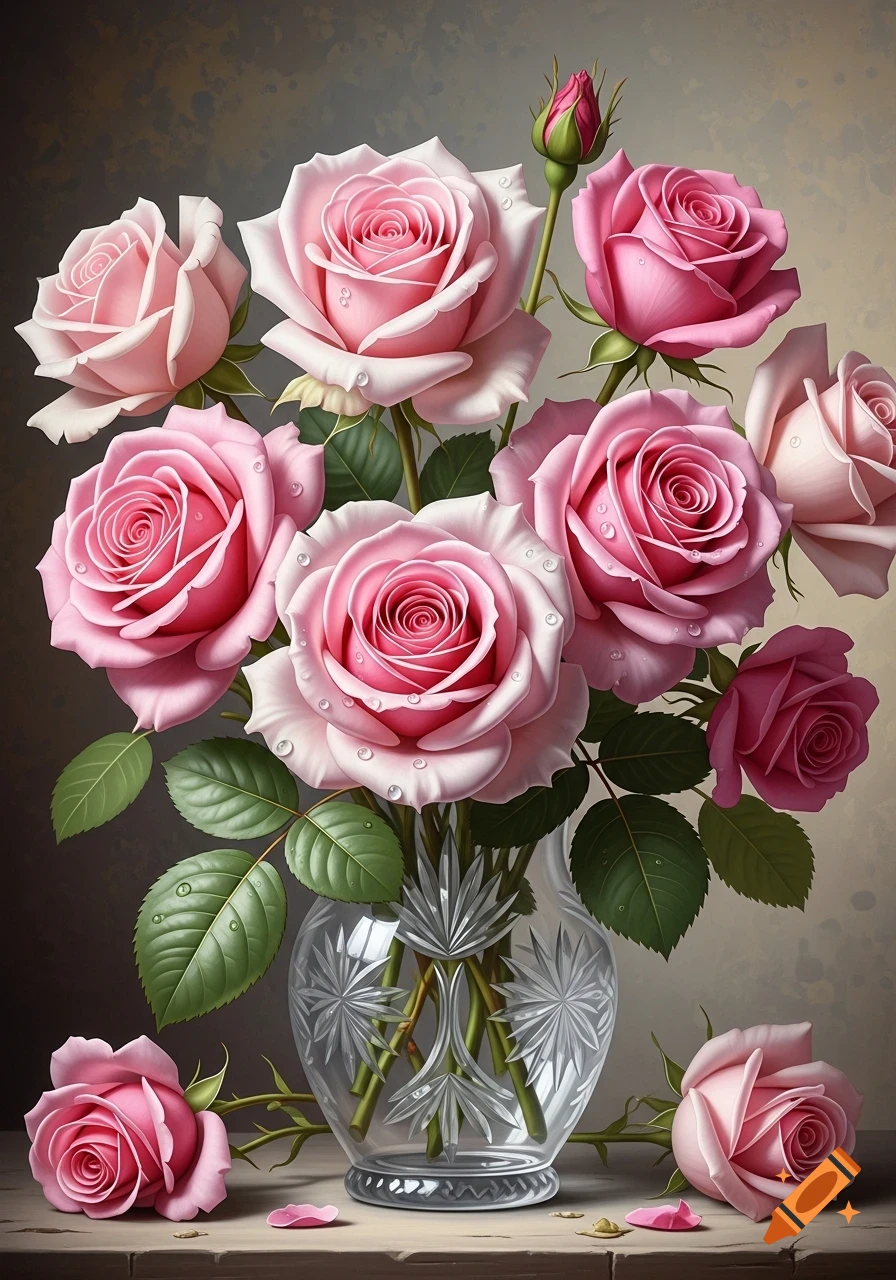A beautiful bouquet of pink roses with water droplets in a cut crystal vase on a wooden table.