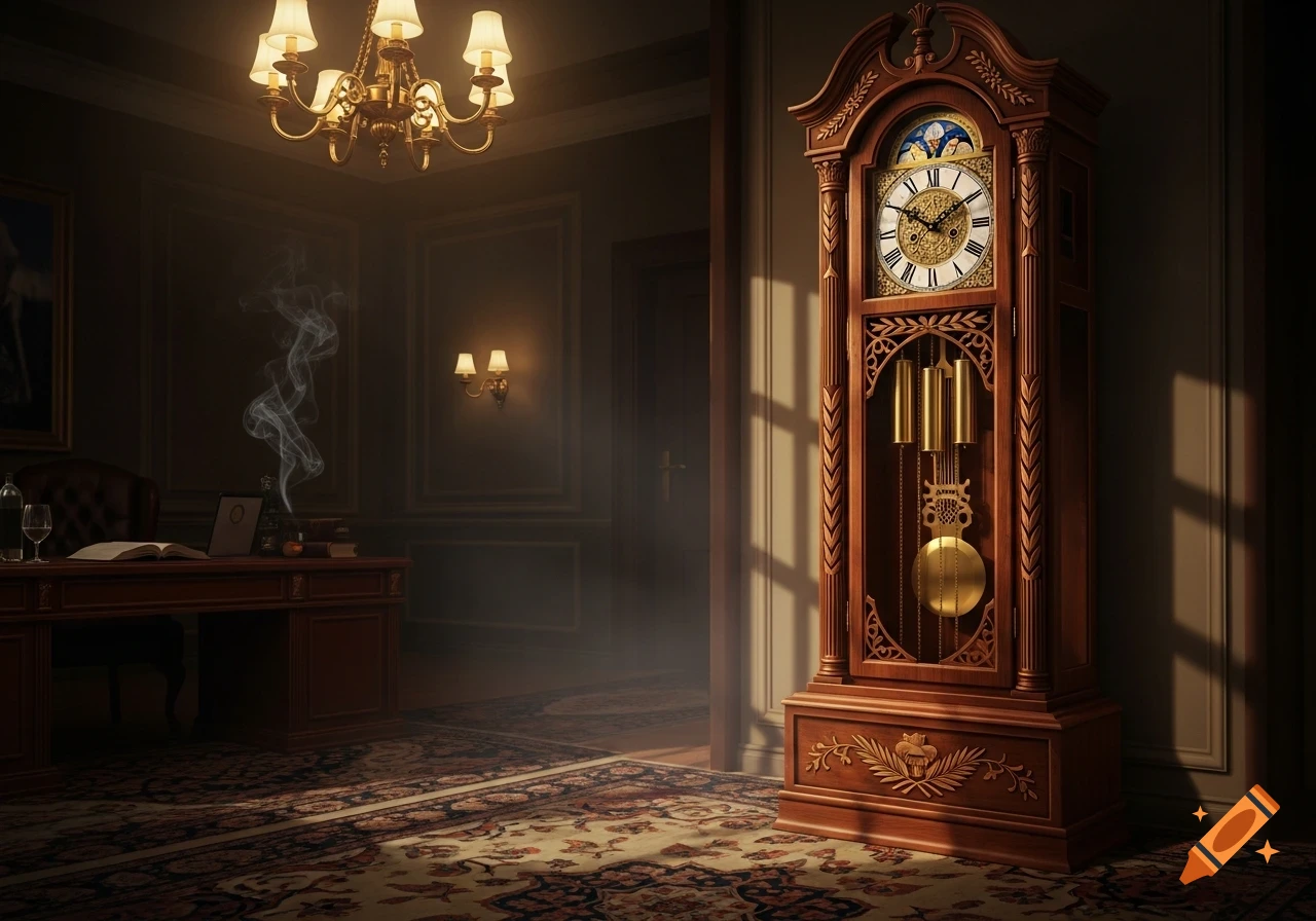 A grand grandfather clock stands in a dimly lit, richly decorated vintage study with a desk and chandelier, bathed in sunlight.