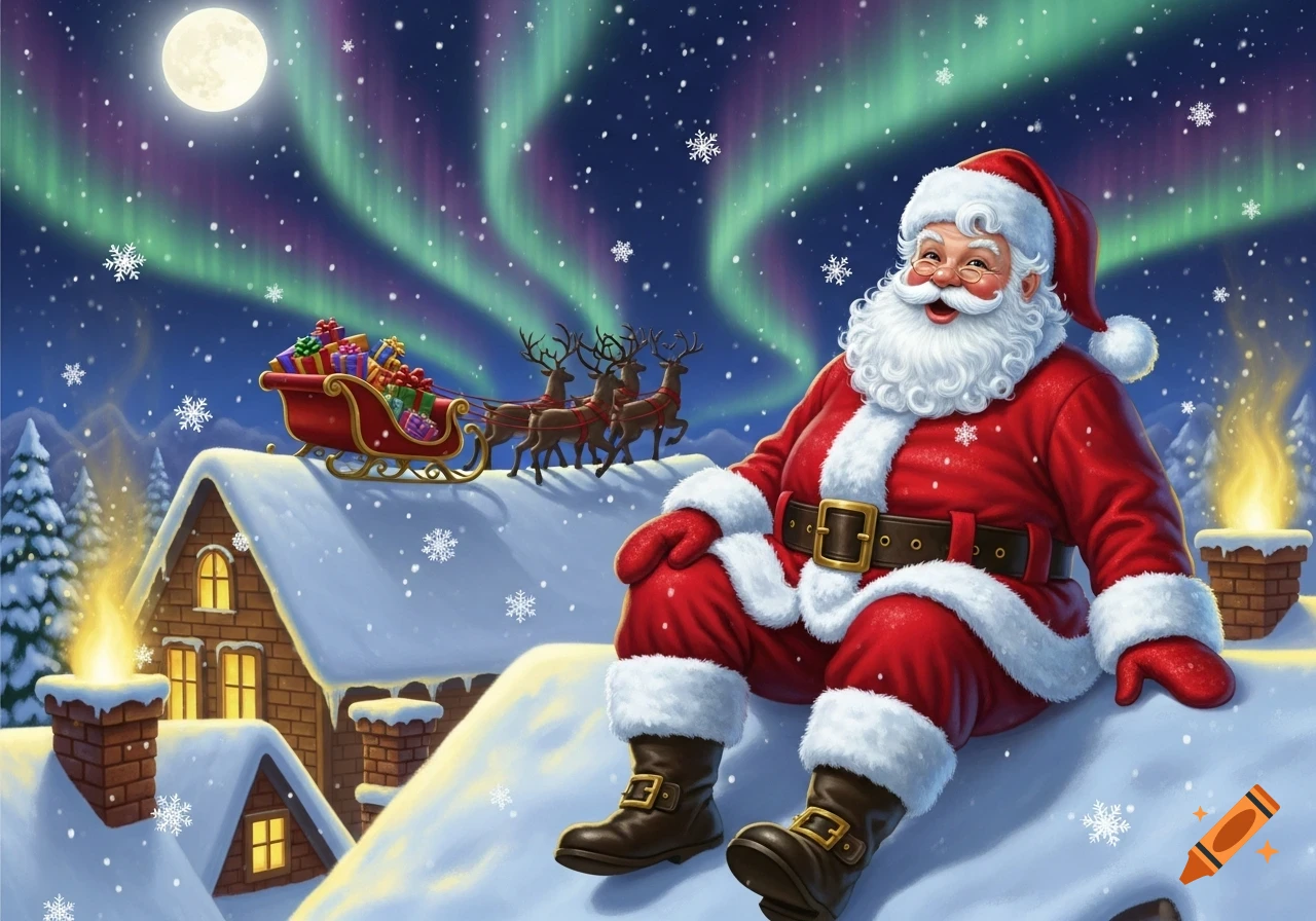 Santa Claus sits on a snowy rooftop at night, his sleigh with reindeer flying behind him under a full moon and aurora.